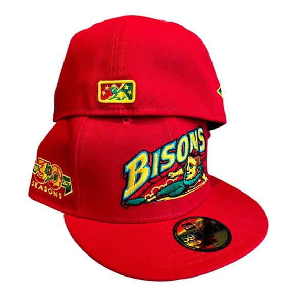 New Era Buffalo Bisons Sliding Buster 59FIFTY Fitted Hat Cap MiLB Red - Picture 2 of 7